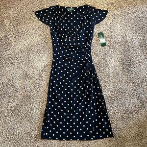 Ralph Lauren Women’s Navy Blue with Tan Polka Dot Dress, size 2